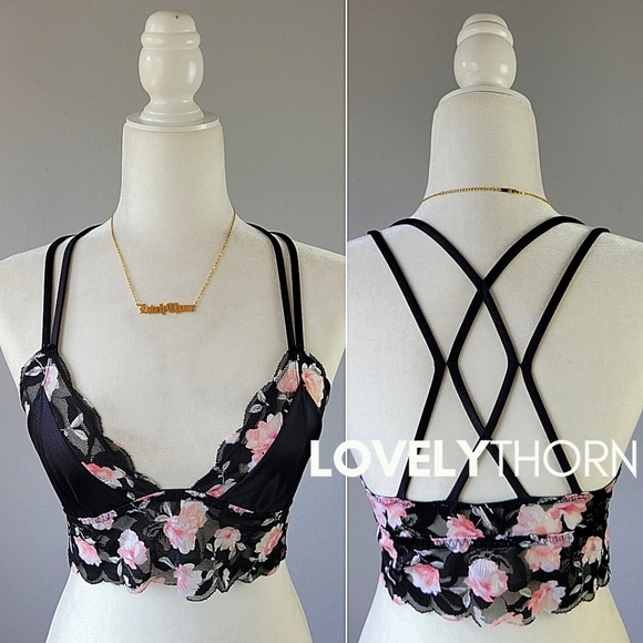 VS PINK // ltd ed stretchy satin & lace strappy cross back plunge bralette - Picture 3 of 11